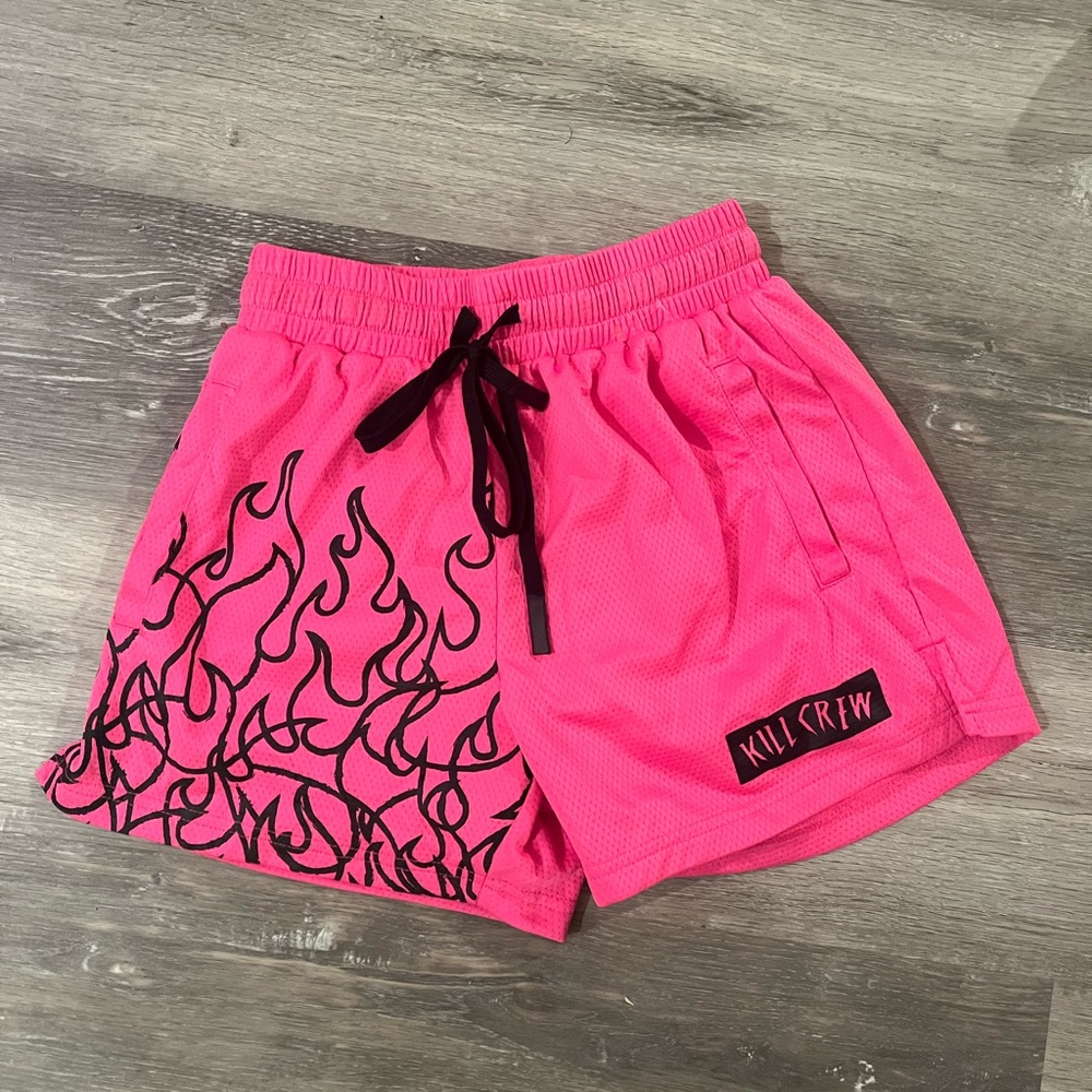 Kill Crew Women's Athletic Shorts in Pink with Black Flame Design